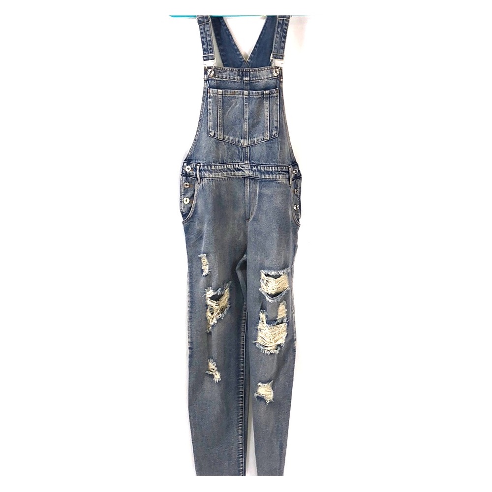 DISTRESSED DENIM OVERALLS